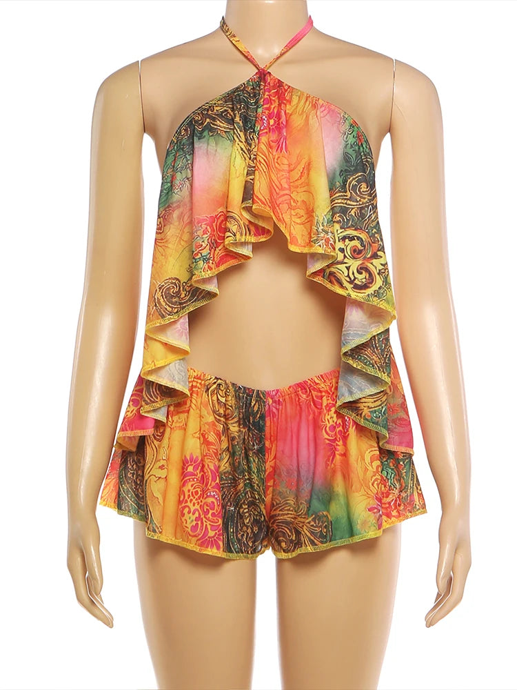 Nibber Beach Style Buntes 2-teiliges Set für Damen, Sommertrend, Neckholder, rückenfrei, Rüschen, Camisole-Tops + Shorts mit elastischer Taille, sexy Anzüge