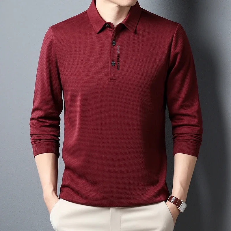 Herren-POLO-Shirt mit Waffelmuster und langen Ärmeln und lässigem Revers-Oberteil mit Buchstabendruck