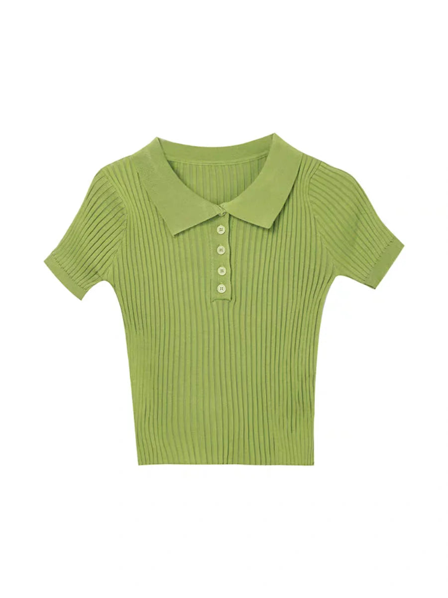 Neues Polo Damen T-Shirt Geripptes Strick-Oberteil Sexy Sommer Basic Shirts Figurbetontes Slim Casual Kurzarm-Top Damen-Oberteil Weiß Schwarz