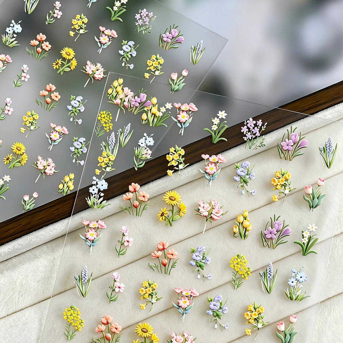 5D Geprägte Mehrkategorien-Blumen Nagelaufkleber Sonnenblume, Tulpe, Orchidee, Gras, Hyazinthe Design Nagelsticker DIY Frühlings-Blumendekoration