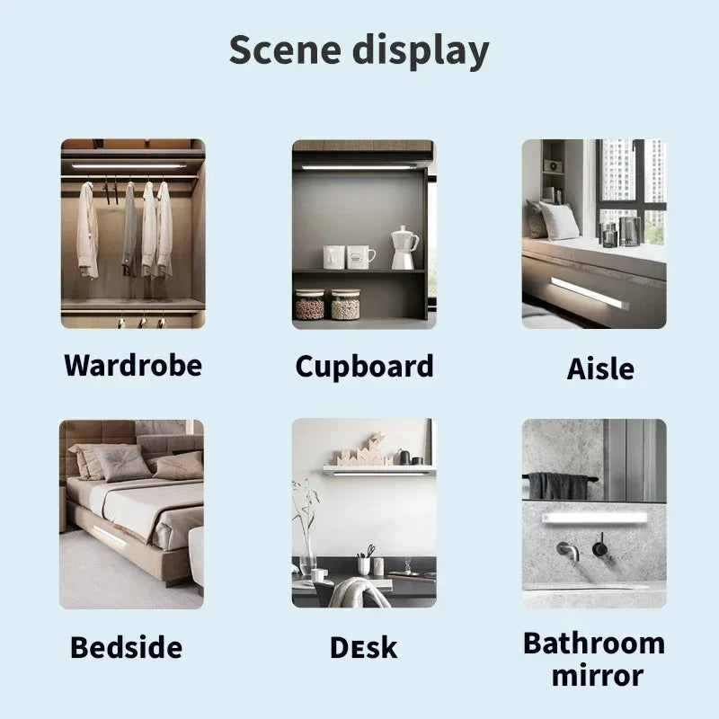 10–60 cm Bewegungsmelder unter dem Schrank, kabelloses, wiederaufladbares USB-Nachtlicht, 3 Farben, Schranklampe für den Innenbereich, Schlafzimmerbeleuchtung