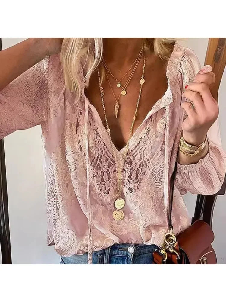 Vintage-Bluse mit Knöpfen und Schnürung, langärmelig, Spitze, elegant, Retro, lässig, Frühling, neue Mode, Tops für Damen, 2025, Blusen-Tops