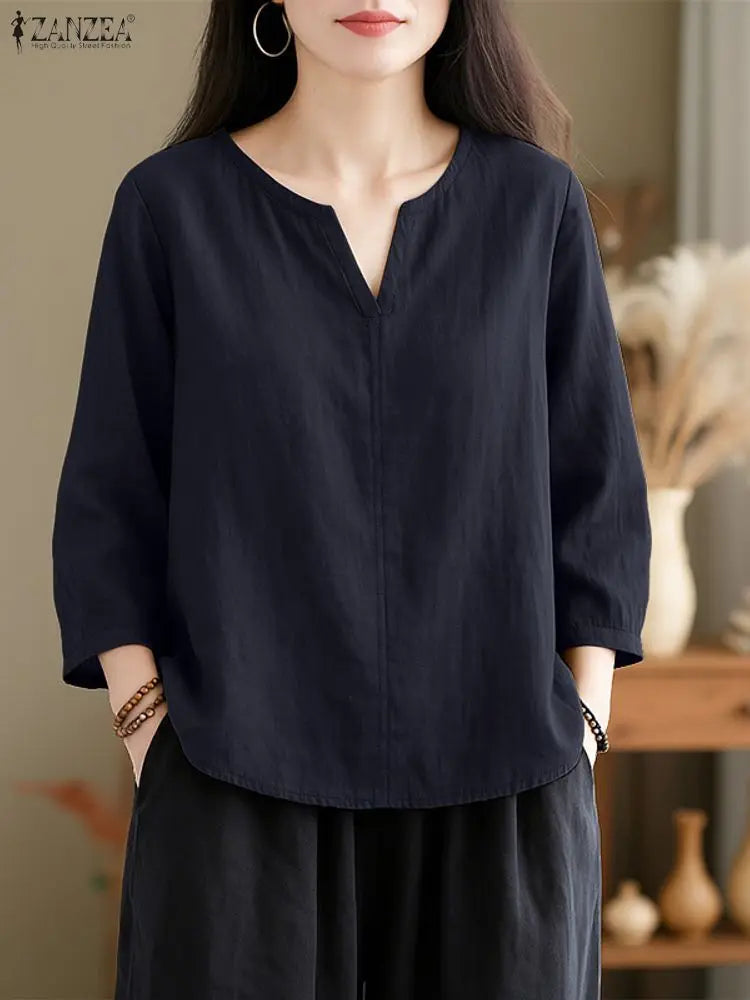 2025ZANZEA Herbst Bluse Frauen V-ausschnitt Langarm Tops Casual Solide Lose Hemd Weibliche OL Arbeit Blusen Retro Tunika Blusas Mujer