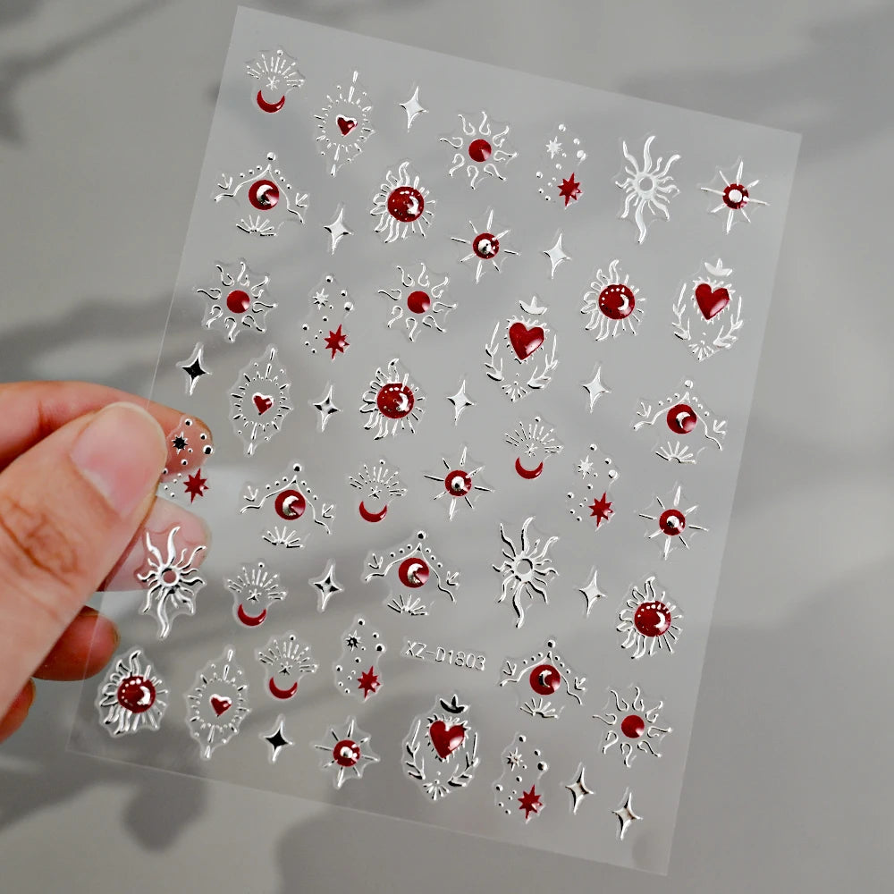 1 Stück Blauer Edelstein Stern Sonne Mond Nagelaufkleber 3D Böhmisches Sternenlicht Herz Schlange Selbstklebende Abziehbilder Französische Linien Streifen Maniküre Sliders