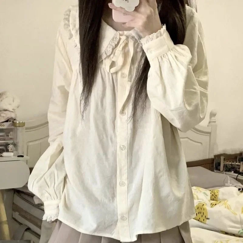 Peter Pan Kragen Süßes Hemd Frauen Lolita Japanische Kawaii Bluse Puff Langarm Elegante Weiße Weibliche Top Grundlegende Schule Shirts