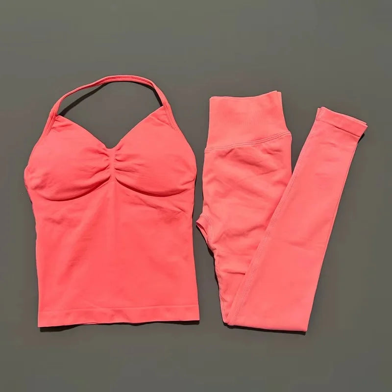 HISTELLO Gym-Leggings-Set, 2-teilig, für Damen, Yoga, lang, mit Trägern, nahtlos, Fitness-Kleidung, Laufen, Workout, Sport-Tops, Outfit
