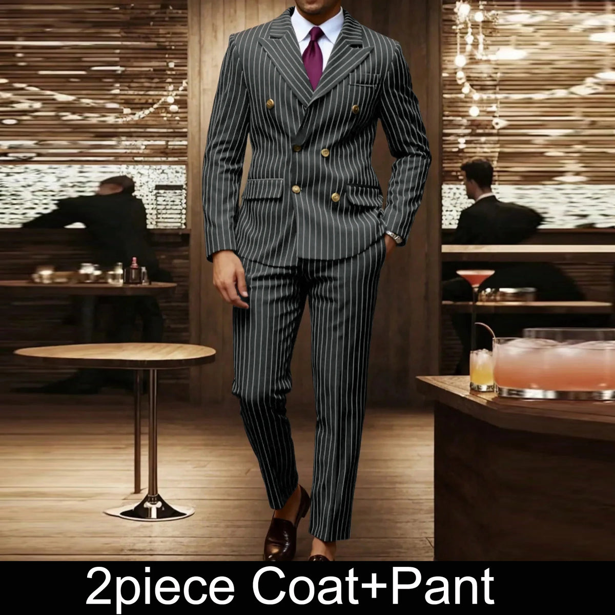 KIDWHXR Herren 2-teiliges Set Doppelreihiger Langarm-Blazer Gerade Geschnittene Hose Gestreifter Business-Hochzeits-Party-Anzug