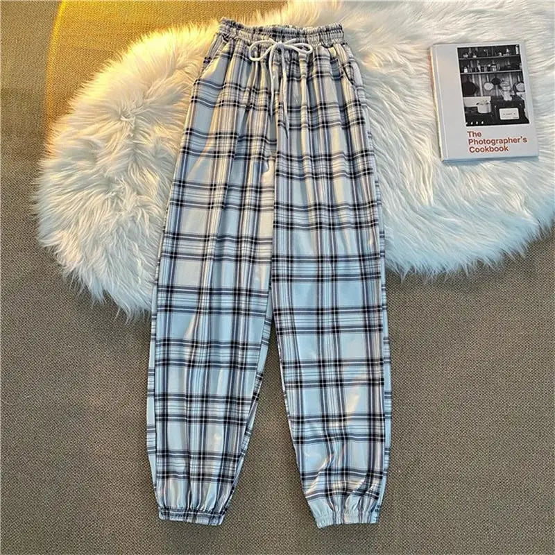 Casual Hosen für Frauen Koreanische Neue Mode Lose Schwarz Plaid Sommer Harajuku Studenten Harem Lange Hosen Streetwear Hosen Chic