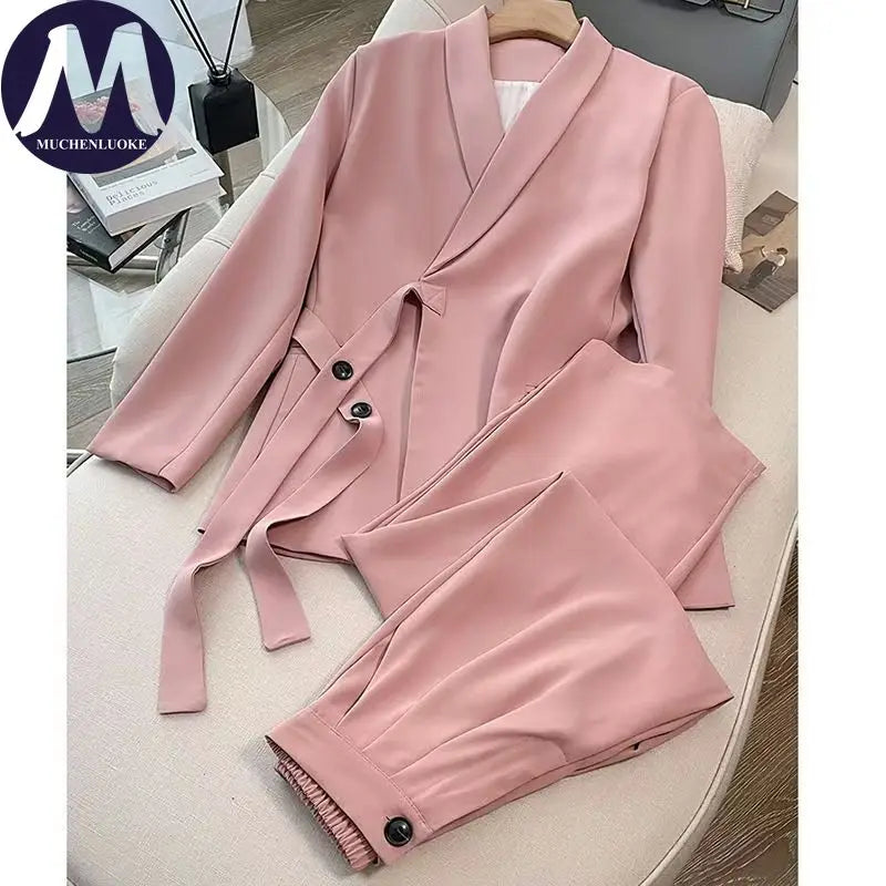 Damen Koreanische Mode Langarm-Blazer und Weite Hosen Zweiteiler Set Büro Casual Locker Sitzende Frühling Herbst Anzüge