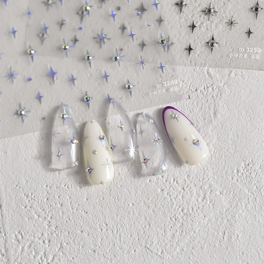 1 Stück 5D Laser Silber eingelegter Diamant Stern Nail Art Aufkleber Vierzackige Sterne Klebstoff Relief Slider Y2K Sternenlicht Maniküre Aufkleber