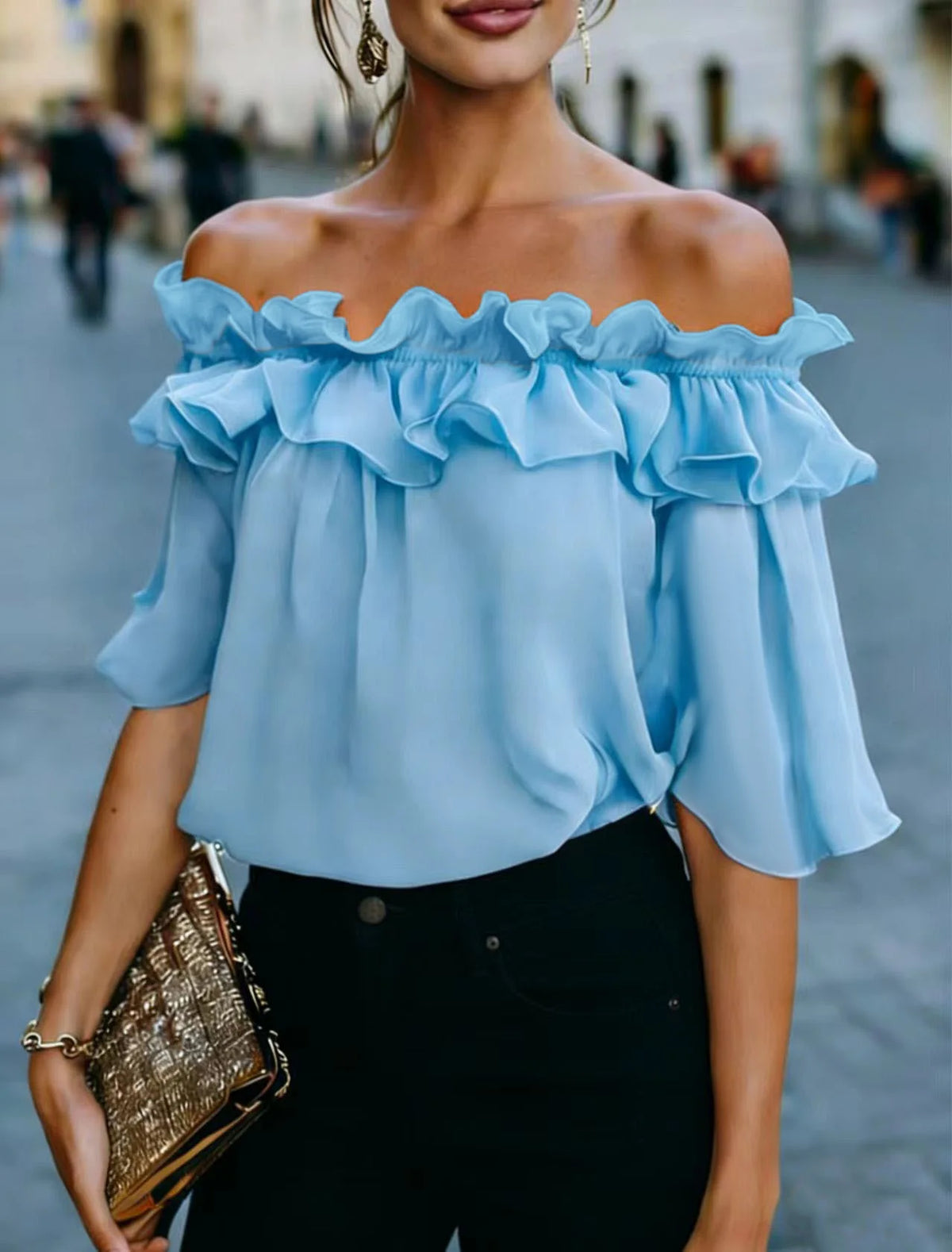 Schulterfreies Rüschenoberteil für Damen, lockere Passform, kurzärmelige Bluse, lässiges Sommerhemd, trendige Mode
