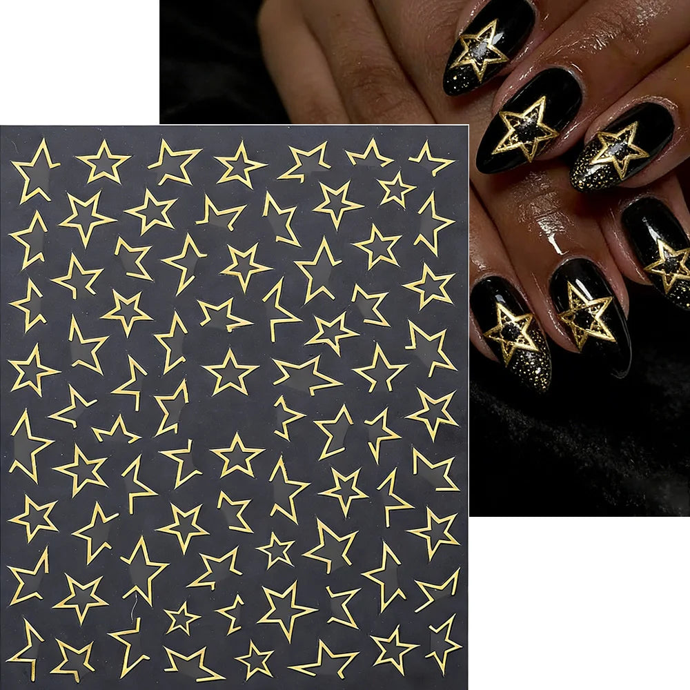 1 Blatt Goldene Hohlstern-Nagelkunst-Aufkleber Glänzende Bronzefarbene Gold-Silber-Linien Große Stern-Nagelaufkleber Y2K-Stil Maniküre Slider Wraps