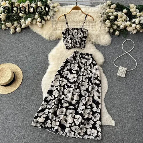 2026 Urlaubs-Blumendruck, zweiteilige Anzüge, Reißverschluss-Design, schmales Tank-Top + A-Linie, langer Rock, Vintage-Böhmische Strand-Sets