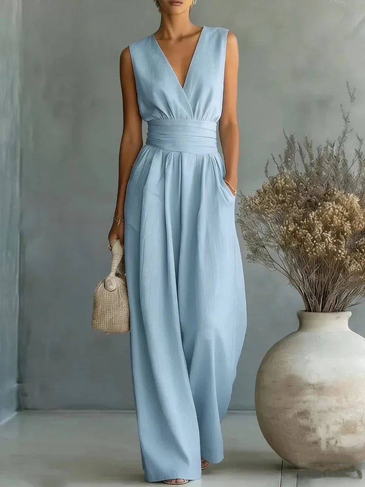 Elegante Damen-Jumpsuits mit hoher Taille, Sommer-Kurzarm-Overalls mit weitem Bein, lässige V-Ausschnitt-Jumpsuits in Unifarben, lockere Streetwear