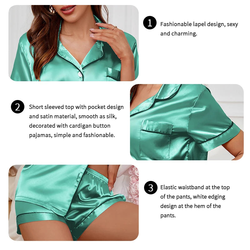 Damen Satin Pyjama Set Sommer Nachtwäsche Lounge wear Kurzarm Revers Top & Shorts Pyjama Knopf Home Kleidung Pyjama Pyjama Pjs Set