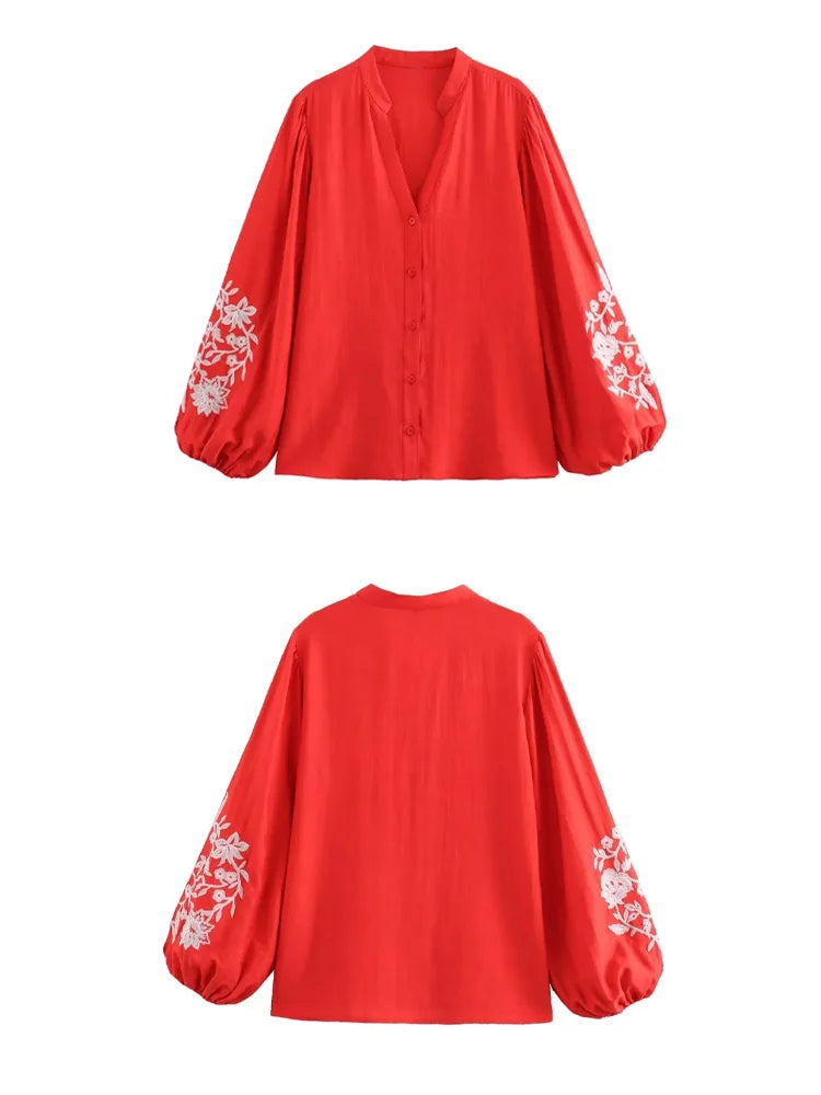 HH Damen Mode Bluse mit Blumenstickerei, Lässiger V-Ausschnitt, Langarm-Shirt, Streetwear, Rote Oberteile, Y2K-Top