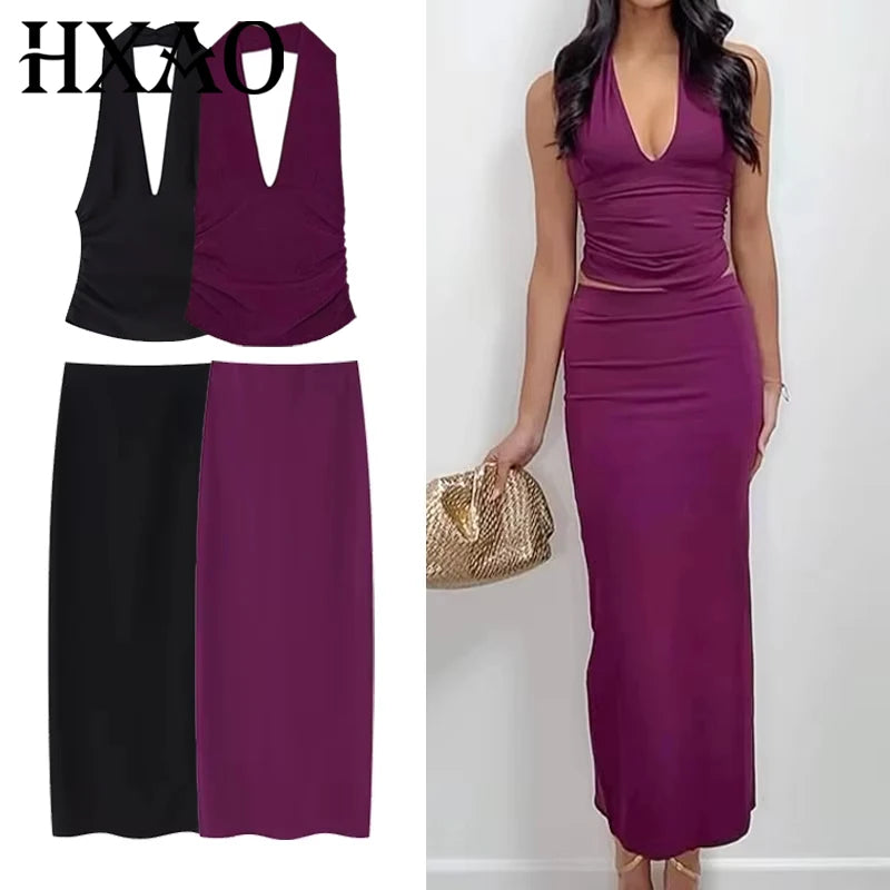 Zweiteiliges Set für Damen, sexy, rückenfrei, Neckholder-Top, Sommer-Set, Frau, Schlitz, hoher Taillenrock, elegantes Damen-2-teiliges Set, 2025