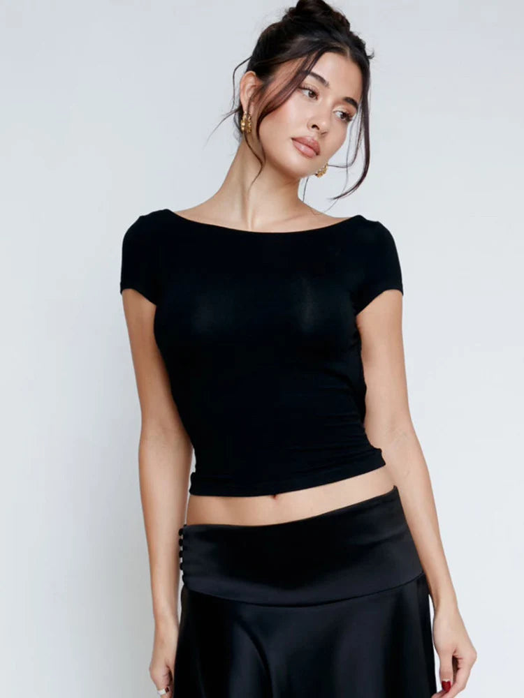 Frauen O Hals Kurzarm Backless Geraffte Crop Top Y2K Streetwear Sommer Frühling Casual T-Shirt Dropshipping