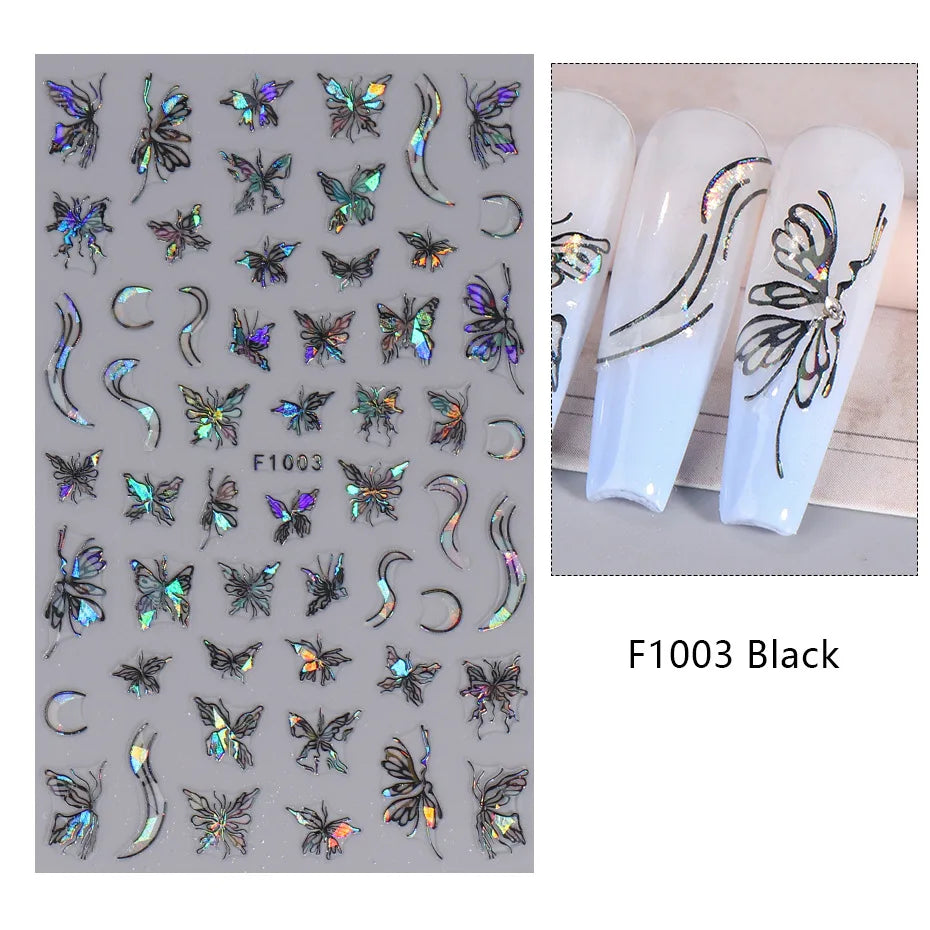 1PCS Schwarz Weiß Schmetterling Laser Nagel Aufkleber Y2K Nail art Dekoration Abstrakte Linien Bronzing Blumen Aufkleber Für Nägel