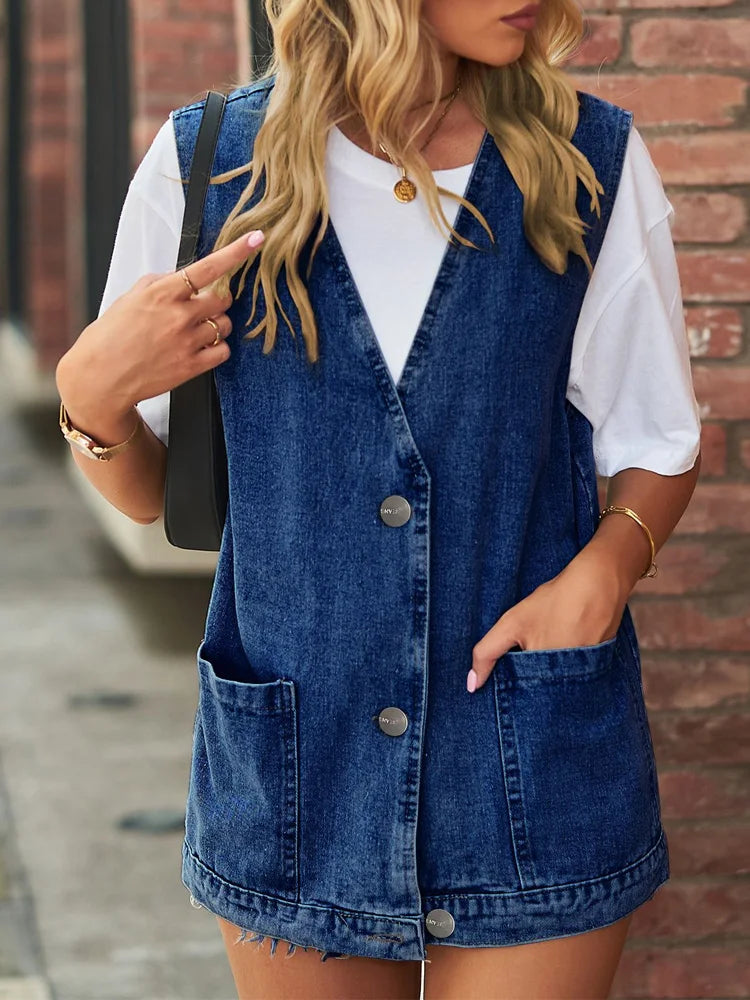 Benuynffy Vintage Große V-ausschnitt Denim Weste Frauen Frühling Sommer Gewaschen Casual Taschen Ärmellose Jeans Jacken Weibliche Lose Outwear