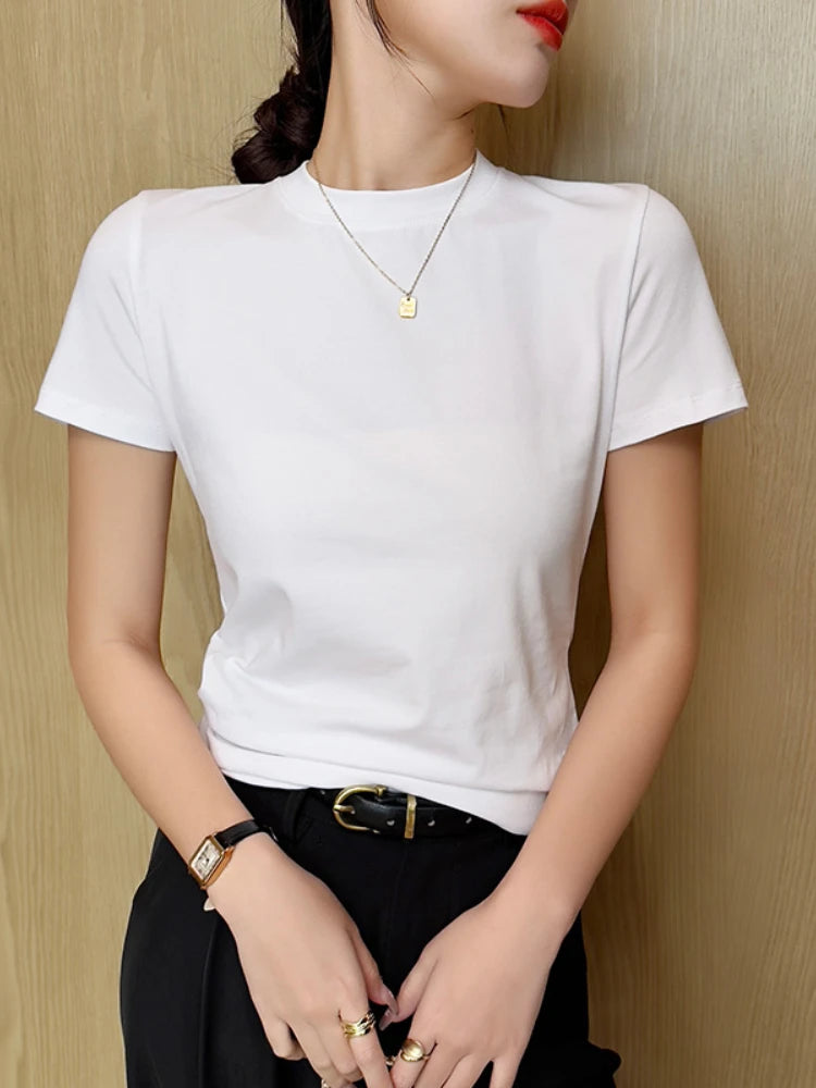 Sommerliches Basic-Baumwoll-T-Shirt für Damen 2026 im koreanischen Stil, Damenbekleidung, Kurzarm-T-Shirts, O-Ausschnitt, einfarbige T-Shirts, lässige Oberteile, Mujer