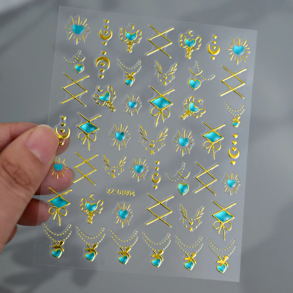 1 Stück Blauer Edelstein Stern Sonne Mond Nagelaufkleber 3D Böhmisches Sternenlicht Herz Schlange Selbstklebende Abziehbilder Französische Linien Streifen Maniküre Sliders