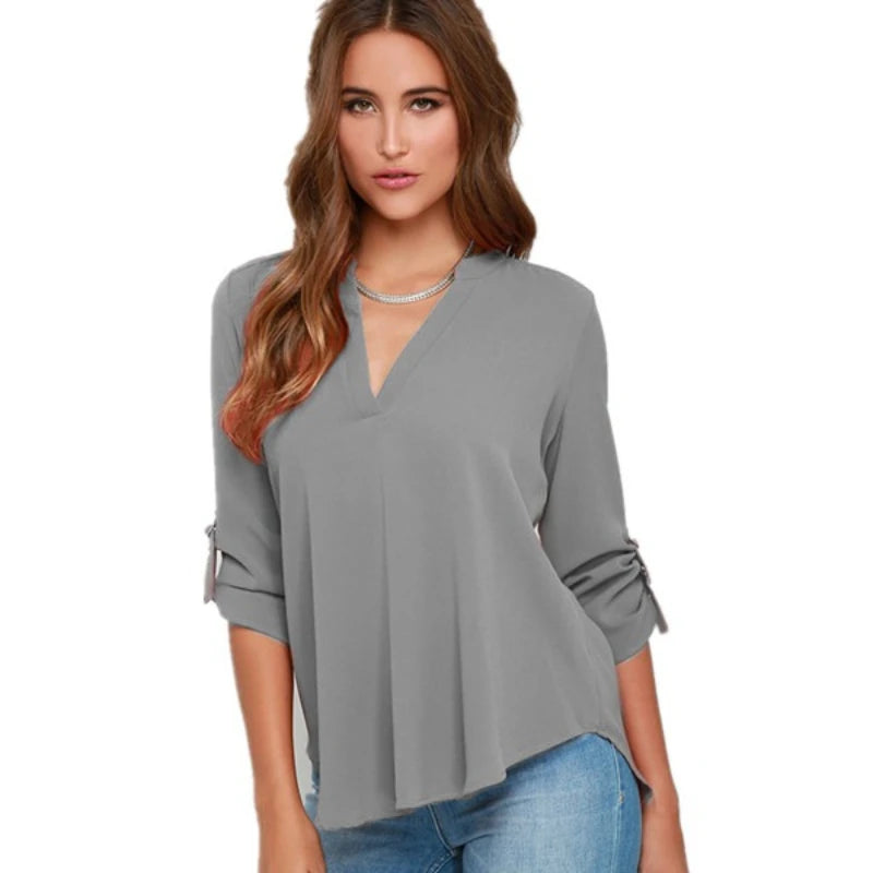 Damen Tops Blusen Langarm V-Ausschnitt Chiffon Bluse Büroarbeit Hemd
