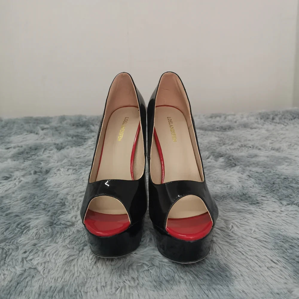 LOSLANDIFEN Frauen Pumpen Sexy Peep Toe Plattform 14 cm Super High Heels Patent Leder Schuhe Rot Hochzeit Stilettos Große Größe 44