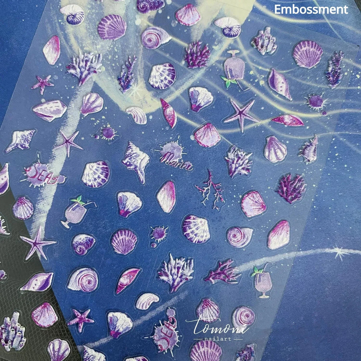 5D Sommer Muschel Nagel Aufkleber Glänzende Geprägte Seestern Nägel Aufkleber Sommer Strand Weinglas Quallen Nagel Aufkleber Dekoration