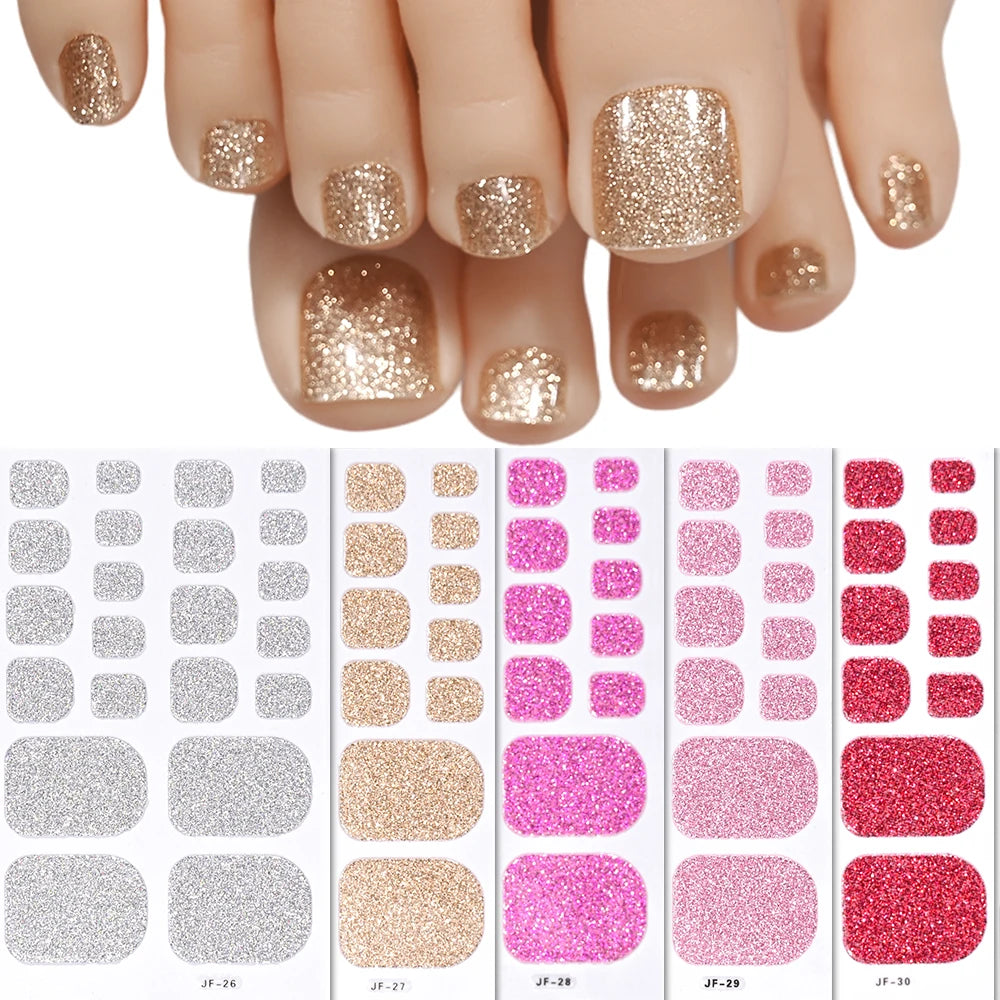 22 Tipps goldene Glitzer-Nagelaufkleber für Füße, 5 Farben, 11 Größen, vollständige Abdeckung, Fußkunst-Aufkleber, einfach zu erreichen, Zehen-Maniküre-Dekoration