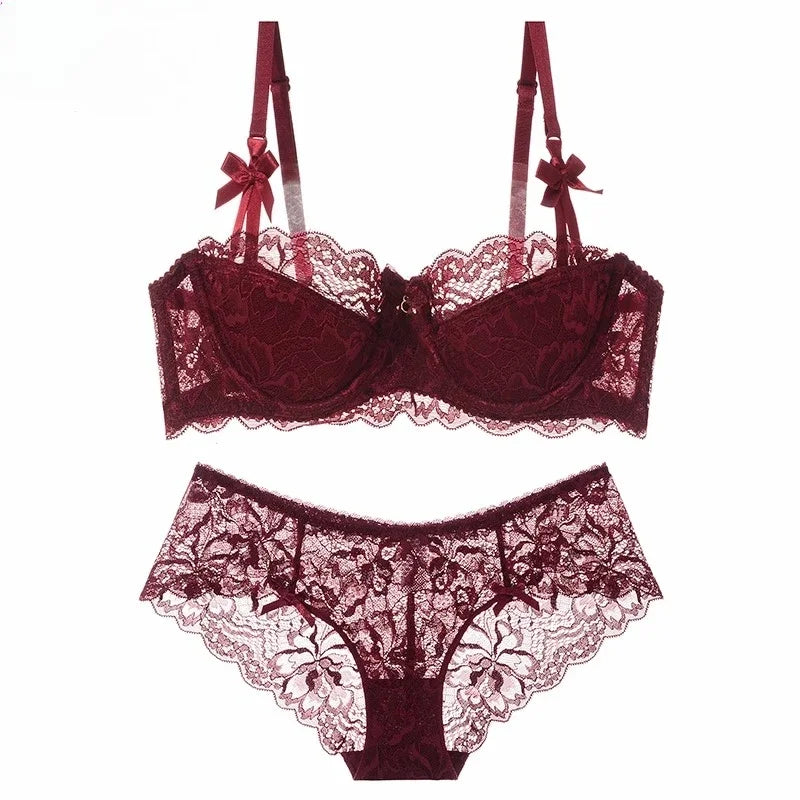 MOYISU Sommer-Dessous-Set, transparente französische Spitze, Minimiser-BH, Slip, ultradünn, sexy Damenunterwäsche, große Brust, sexy, zerknitter und Höschen