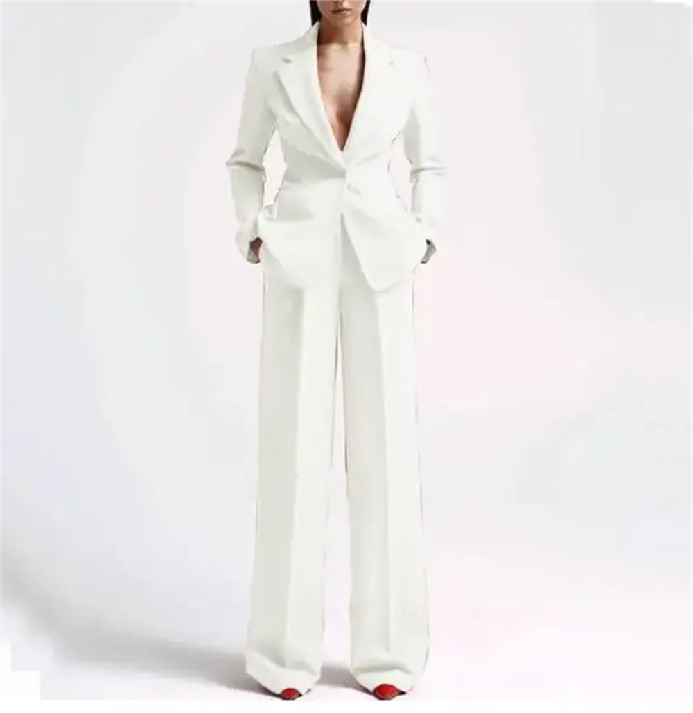 Schwarzer Blazer mit einem Knopf + Anzug mit weitem Bein für Damen, einfarbig, V-Ausschnitt, lockerer, lässiger Hosenanzug für Damen, Conjunto Femininos