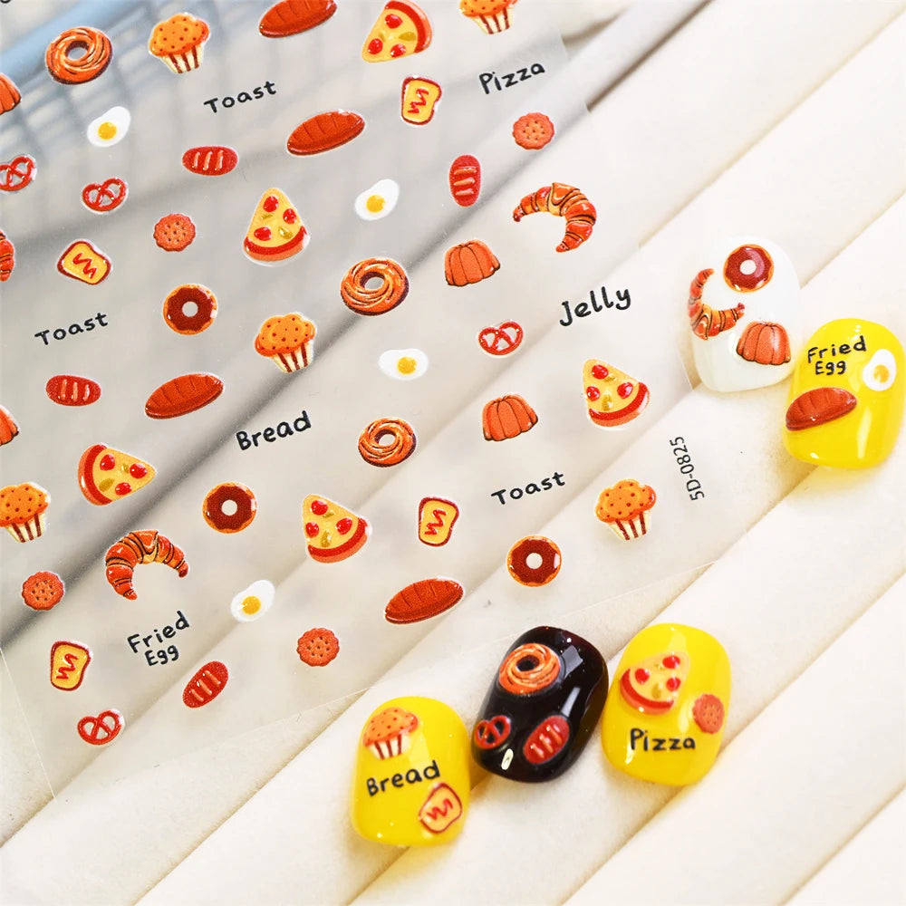 1 Blatt 5D Cartoon Toast Pizza Nagelaufkleber Niedliche Geprägte Brot-, Spiegelei- und Keks-Nagelsticker Frühstücks-Nagelslider