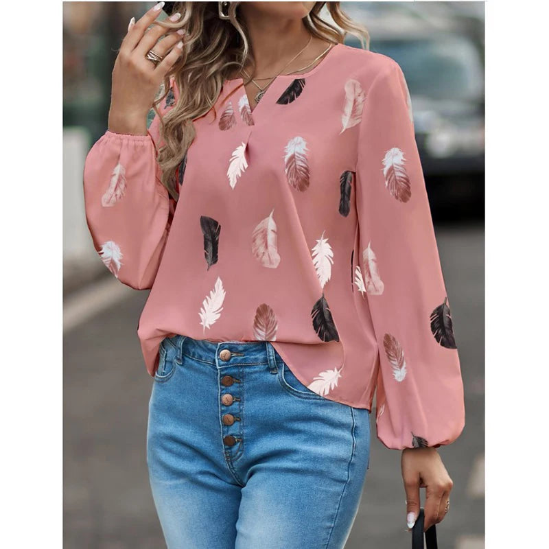 Mode Frau Bluse Shirts Für Frauen Stilvolle Top langarm Feder Muster Weibliche Tops Elegante Chiffon Mujer Frau Kleidung