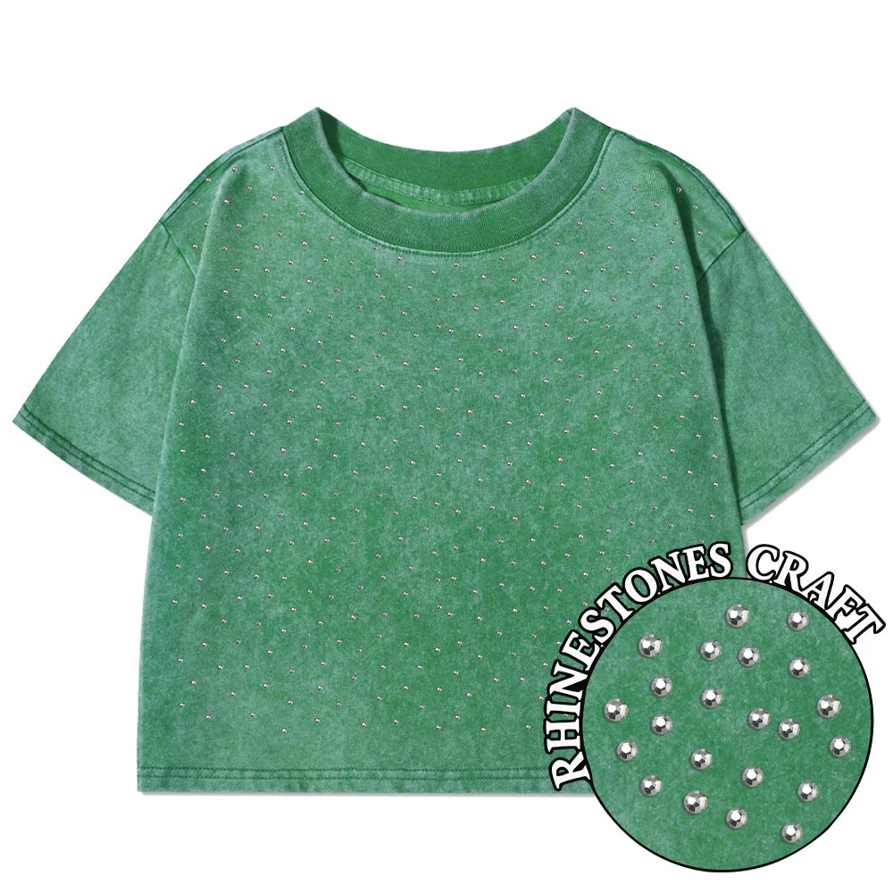Einfarbiges Slim-Fit T-Shirt für Damen, Modisches Weiches Baumwoll-Shirt mit Strass-Verzierung, Kurzarm, Coole Kleidung für Frauen