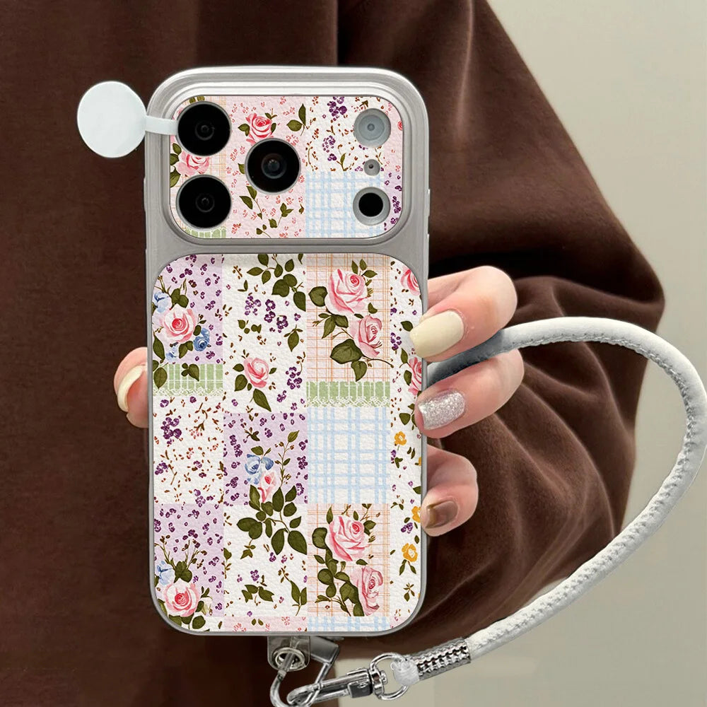 Blumen-Großfenster-Handyhülle für iPhone 17 Pro Max 15 14 11 13 16 12 mit Lanyard, stoßfeste Leder-Schutzhülle