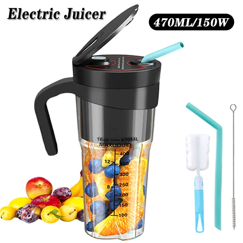 Tragbarer elektrischer Entsafter, USB-wiederaufladbar, multifunktionaler Mixer, Entsafterbecher, geeignet für Saft, Milchshakes, 6-Klingen-Schneider, 470 ml