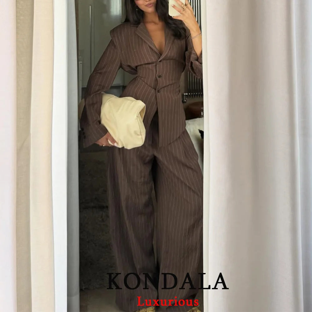 KONDALA Bürodame, schicke braune Anzüge, V-Ausschnitt, gestreift, lockerer Blazer, hohe Taille, weites Bein, Hosen, Mode, 2025, Herbst, lässige Damenanzüge