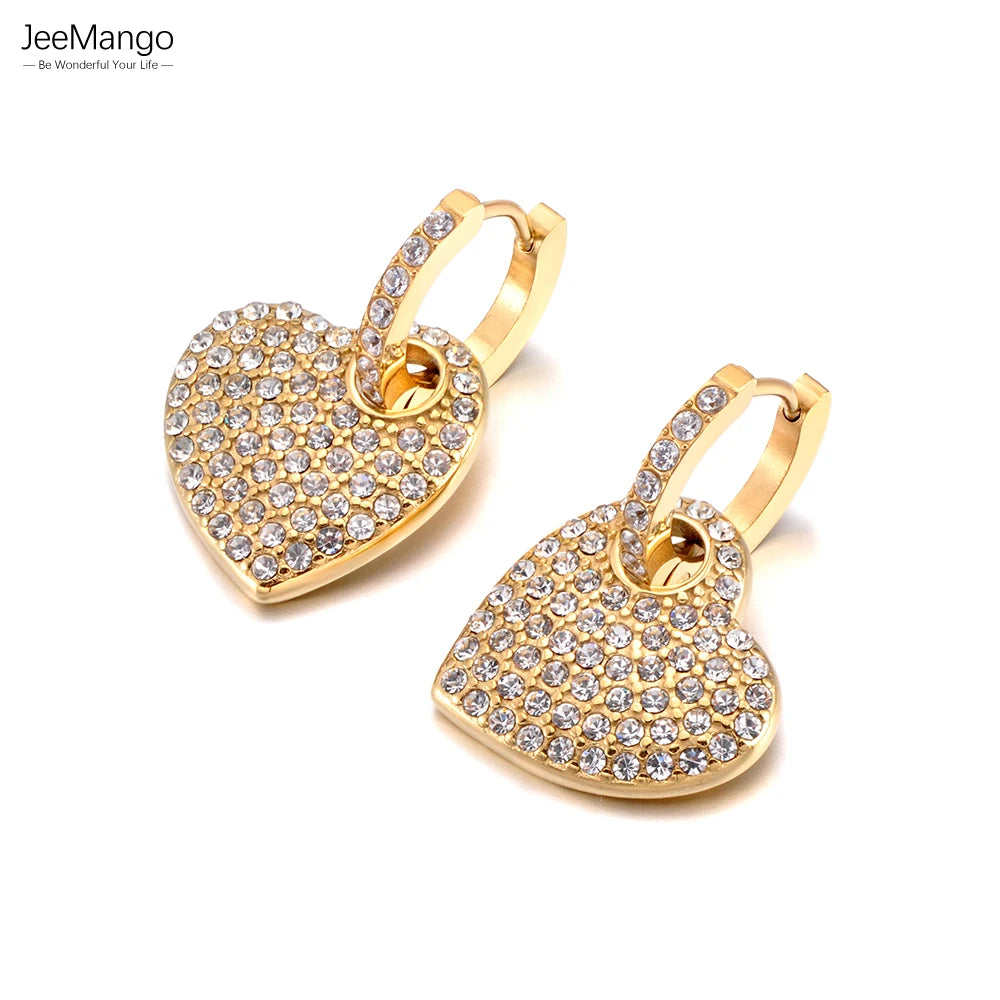 JeeMango Luxuriöse romantische Liebes-Herz-Creolen für Damen, Edelstahl, Zinkon-Kristall, Hochzeit, Brautohrringe, Schmuck E26036
