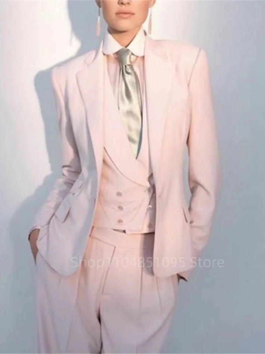 Büro-Damen-Hosenanzüge Rosa Damen Business Klassischer Einknopf-Blazer mit Schlaghose Weste Hose Dreiteiliges Set Formeller Anzug