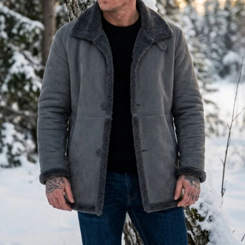Herren-Winterjacke aus Kunstwolle – Outdoor-Arbeitskleidung und Wanderjacke mit Fleecefutter – Warme Jacke aus Kunstwildleder – Winteroberbekleidung für Herren