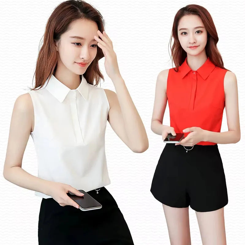 Büro-Arbeitskleidung für Damen Frühling-Sommer-Stil Chiffon-Blusen Hemden Lässige Ärmellose Blusas mit Umlegekragen Tops