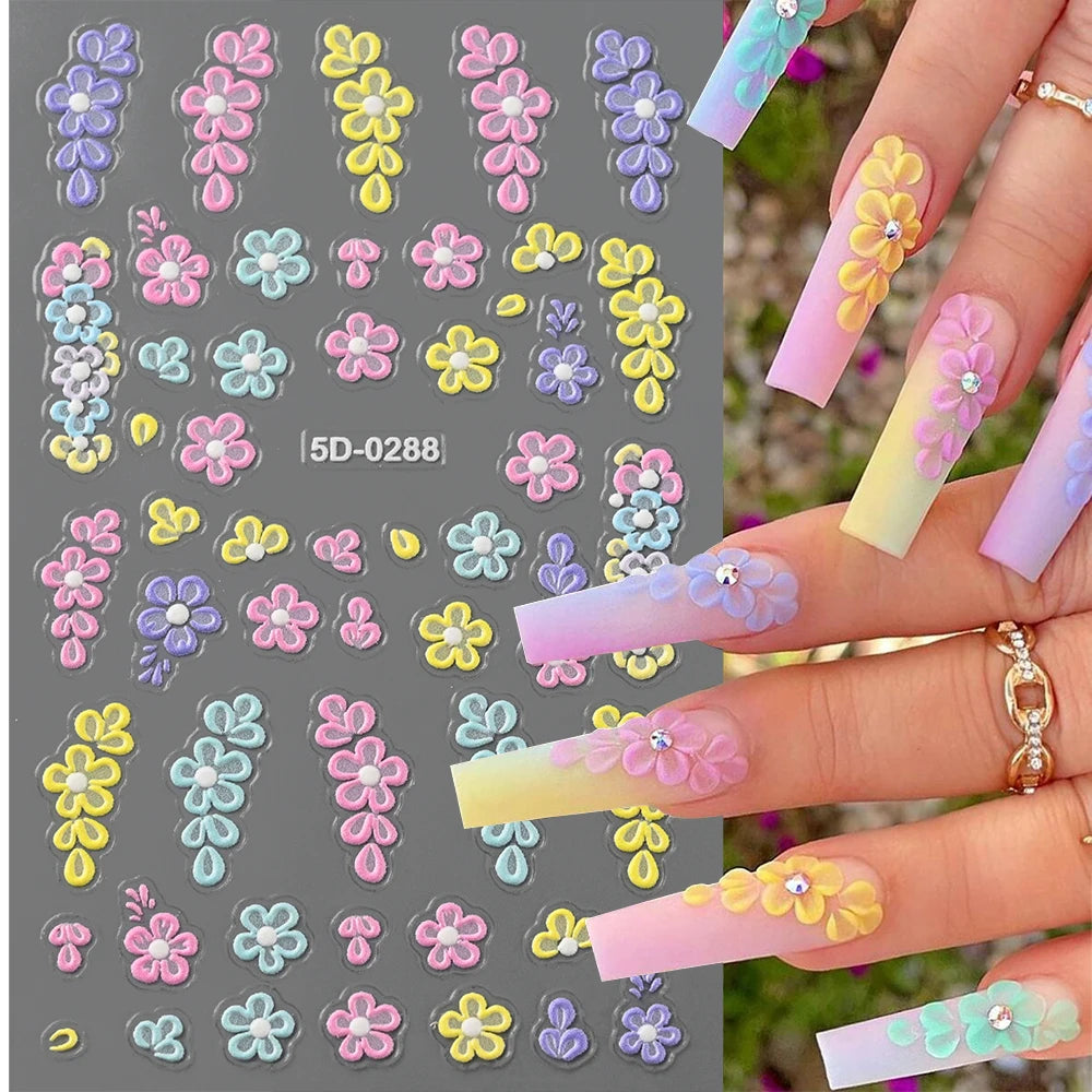 1 Stück 5D geprägte Lavendelblume Nagelaufkleber Frühling Blumenblätter selbstklebende Schieber Rose Schmetterling Aufkleber Maniküre Dekoration