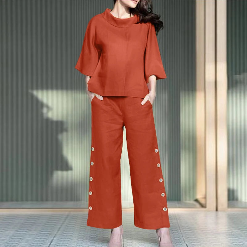 2 Stück Damen Hosen Sets Zanzea Sommer solide ol passende Sets o Hals 3/4 Ärmel Bluse weites Bein Hose lässig locker Arbeits anzug