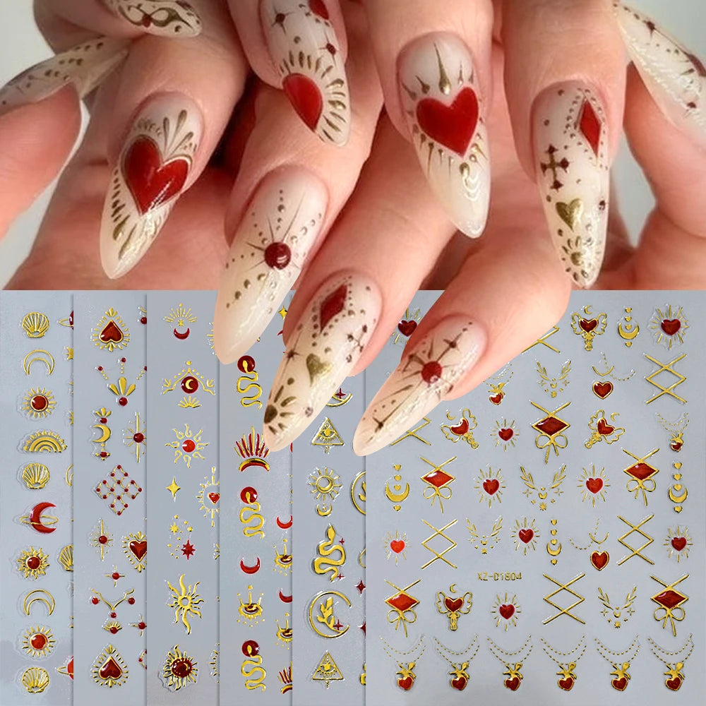 6 Stück 3D Blaue Herz-Nagelaufkleber Bronzierte Gold Silber Stern Mond Sonne Selbstklebende Slider Y2K Nagelkunst Abziehbilder Maniküre Dekoration