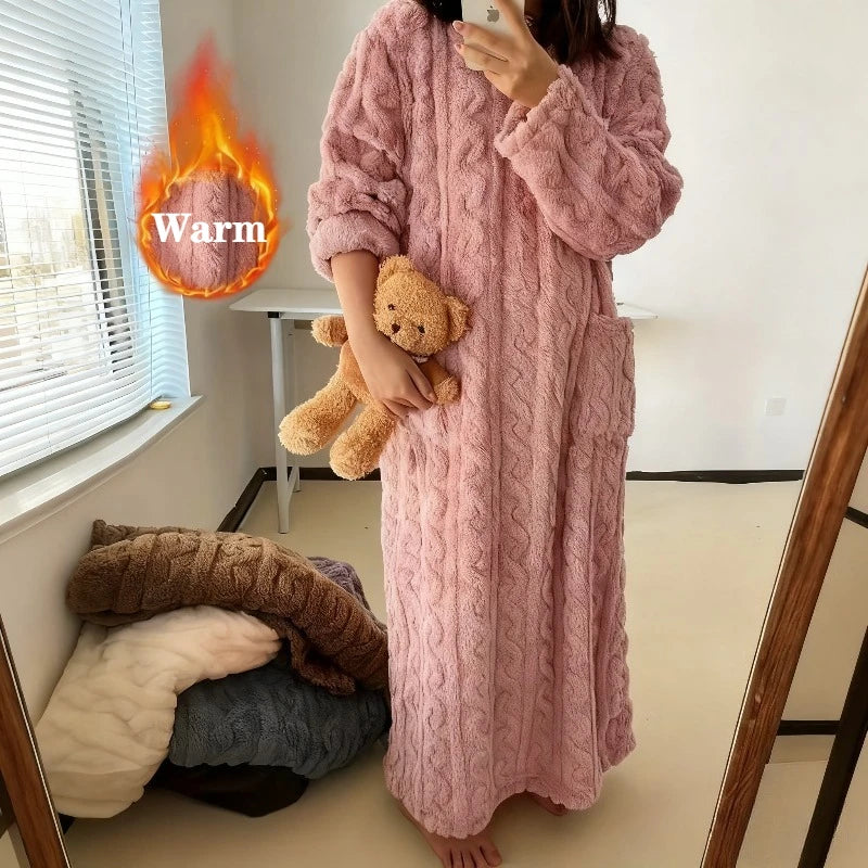 Frauen Korallen Fleece Nachtwäsche Herbst Winter Verdickt Warme Lose Lange Robe Pyjamas Homewear Casual Oberbekleidung Nachthemd