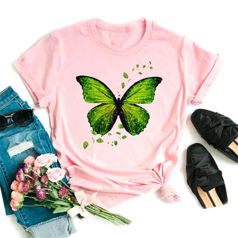 Neue blaue Schmetterling Blumen gedruckt T-Shirt Frauen Sommer lässig Kurzarm O-Ausschnitt Tops 90er Jahre Mode Grafik weibliche Tops T-Shirts