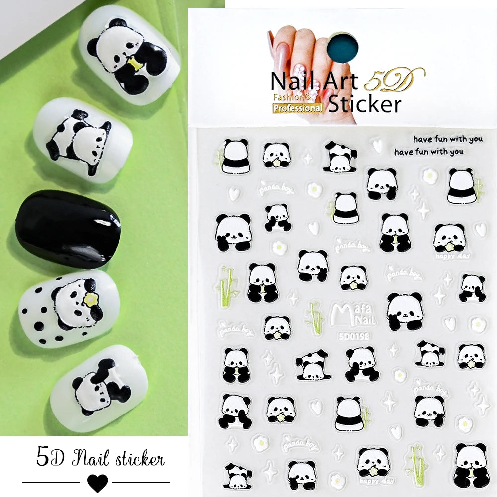 5D Soft-Relief Panda Nagelkunst-Aufkleber, Niedliche Cartoon-Pandabären, die Bambus essen, Selbstklebende Slider, Chinesische Panda-Nageldekorationen