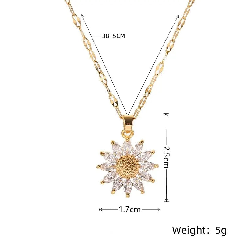 1PCS Gold-farbe Halskette Damen Licht Luxus Stil Blume Anhänger Intarsien Zirkonia Titan Stahl Kette Urlaub Schmuck