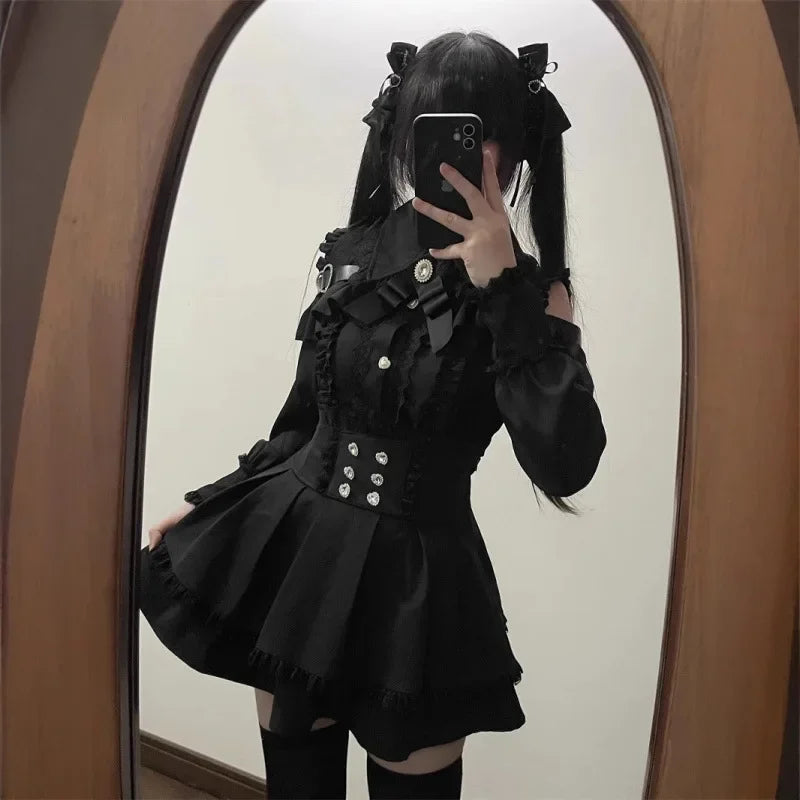 Damen-Lolita-Set, dunkles Femme-Mesh-Oberteil und Taillenrock, 2025, japanischer Herbst-Street-Style-Koord für Gothic-Baddie-Mode
